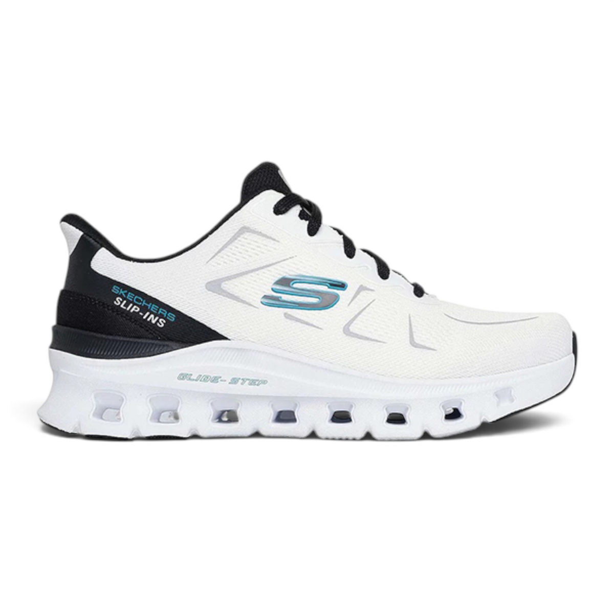 FRG Skechers Glide-Step Pro Vextra slip-on sneaker in white and black with a mesh upper and geometric midsole