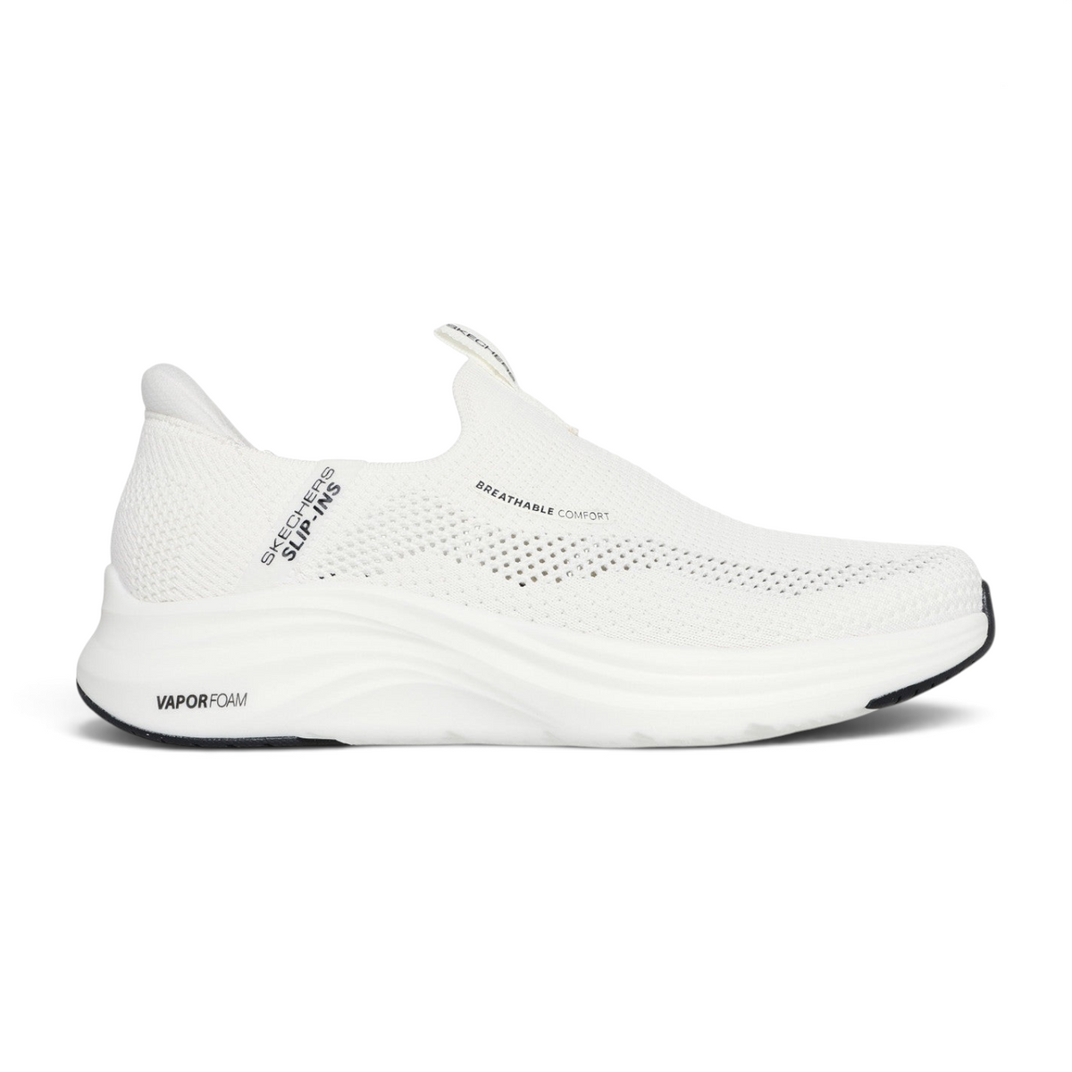 FRG Skechers Vapor Foam Volann off-white slip-on sneaker with a breathable stretch knit upper and cushioned midsole.