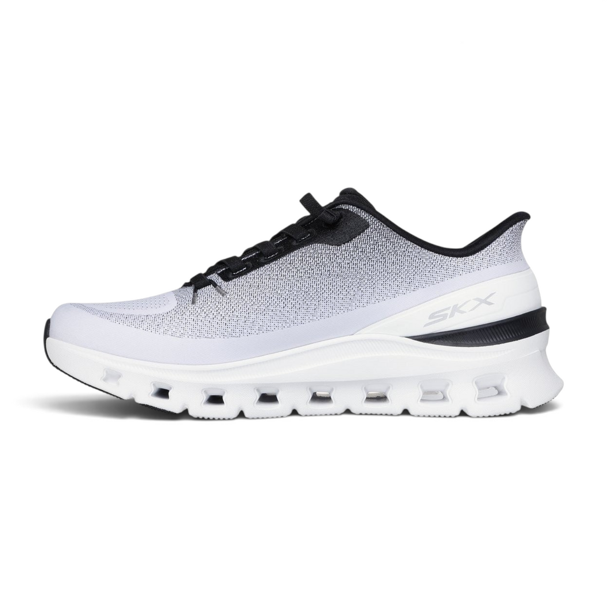 FRG Skechers Arch Fit Glide-Step Pro white and black knit slip-on sneaker with geometric cushioned midsole