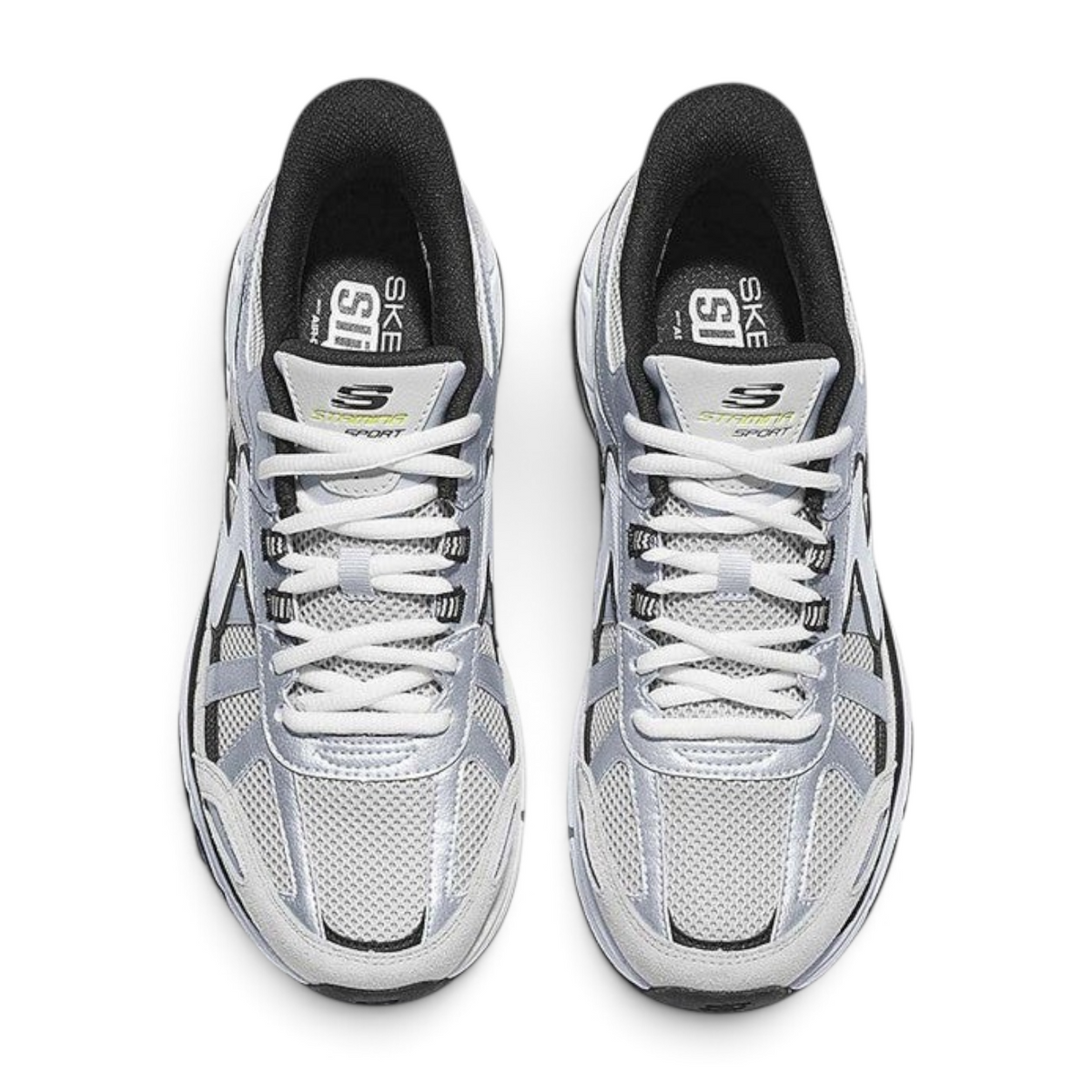 FRG Skechers Stamina Sport Stoaver sneakers in silver gray with breathable mesh and cushioned memory foam insoles.