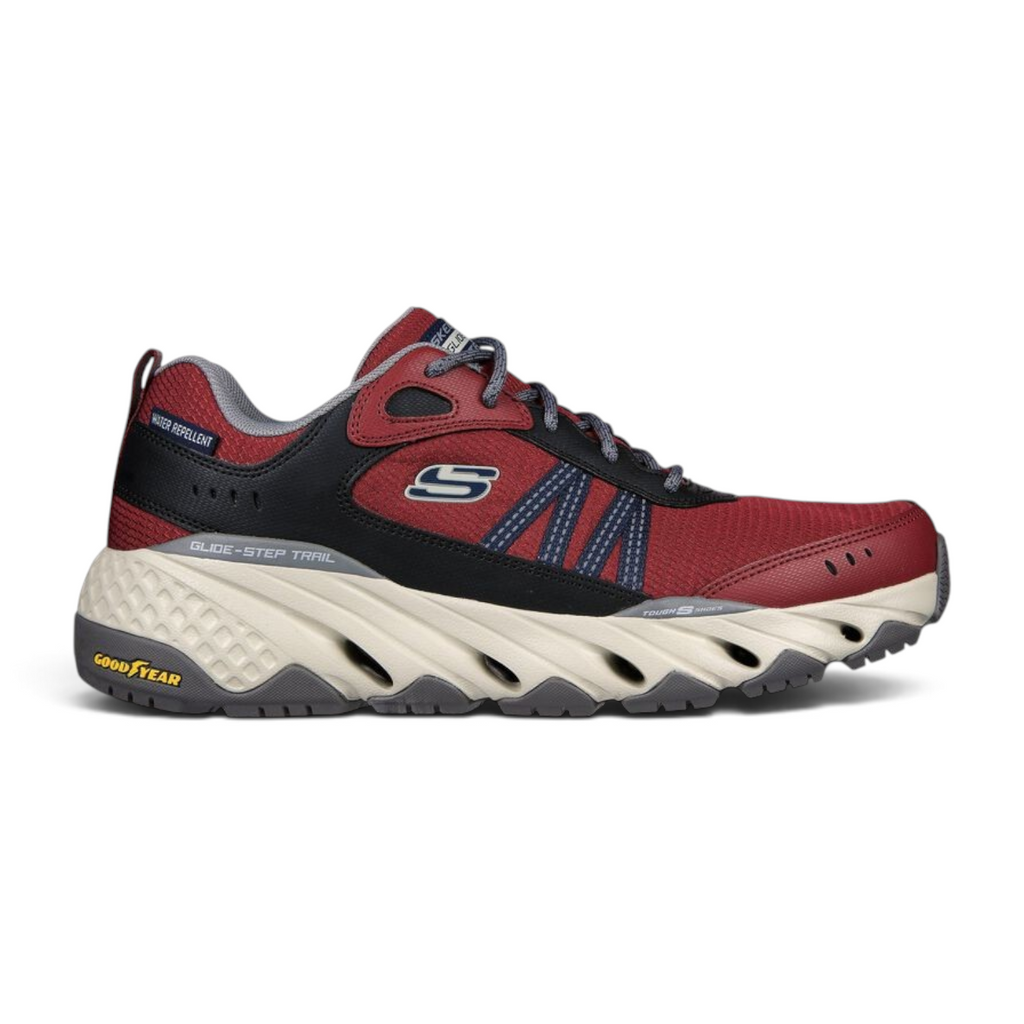 FRG Skechers Glide-Step Trail Oxen burgundy hiking shoe with water-repellent upper and cushioned Goodyear outsole