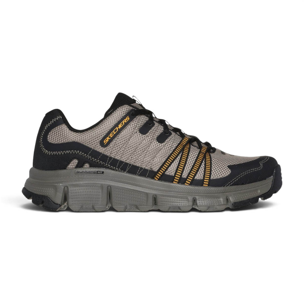 FRG Skechers Summits AT Twin Bridges athletic sneaker in tan and black with mesh upper and cushioned flex midsole