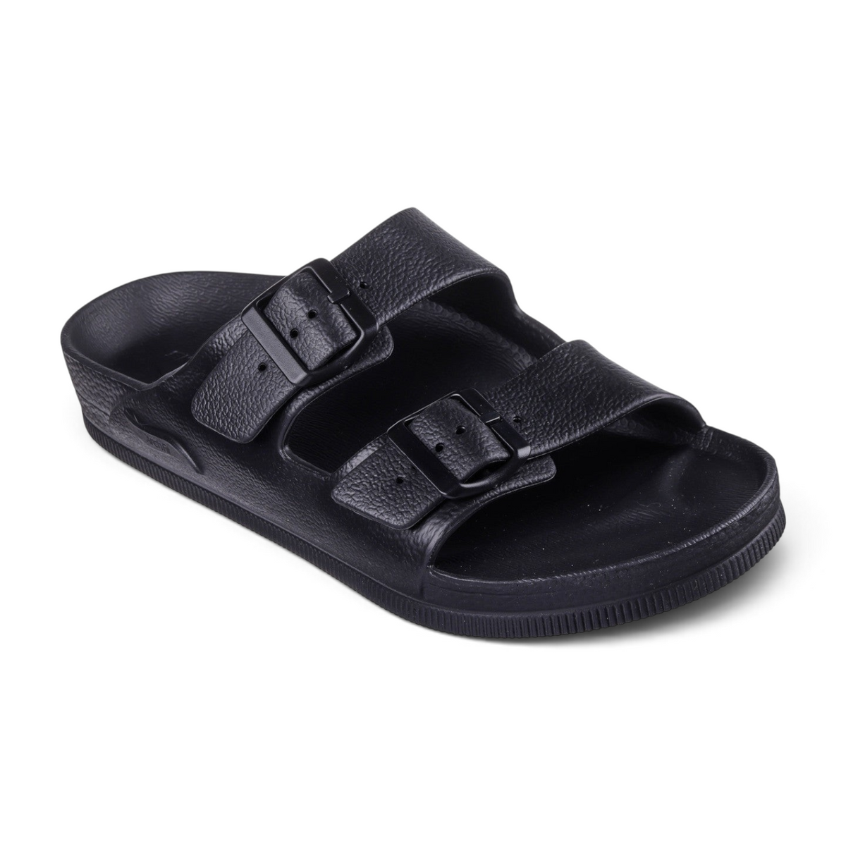 FRG black double-strap slide sandals with textured finish and adjustable buckles