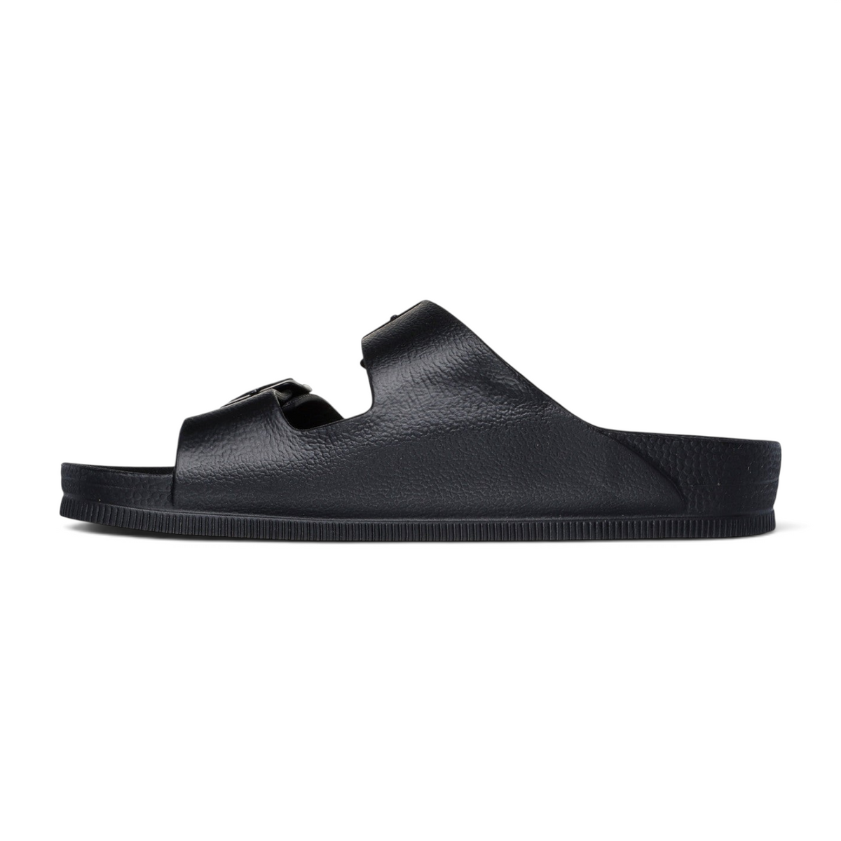 FRG black double-strap slide sandal with textured finish and side view profile