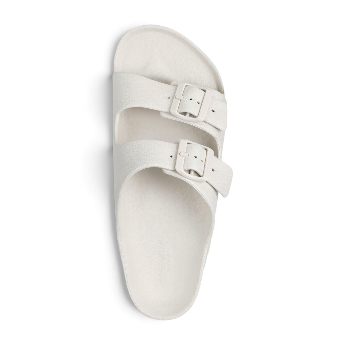 FRG Skechers Foamies Arch Fit Cali Surf slide in off-white with adjustable buckle straps and contoured footbed.
