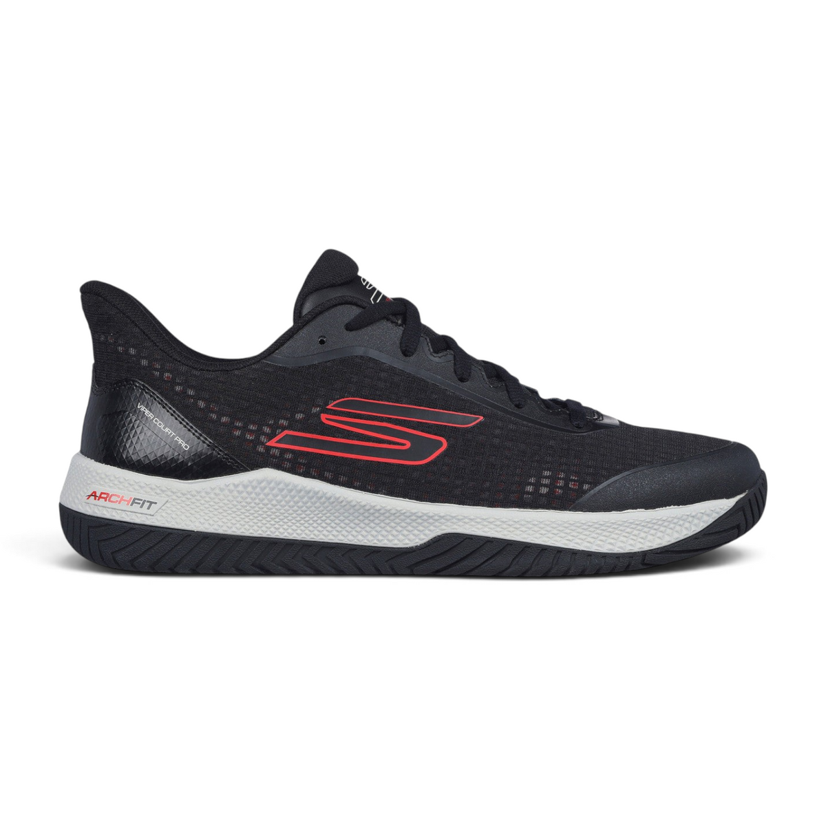 FRG Skechers Viper Court Pro pickleball shoe in black and red with breathable mesh and durable Goodyear outsole