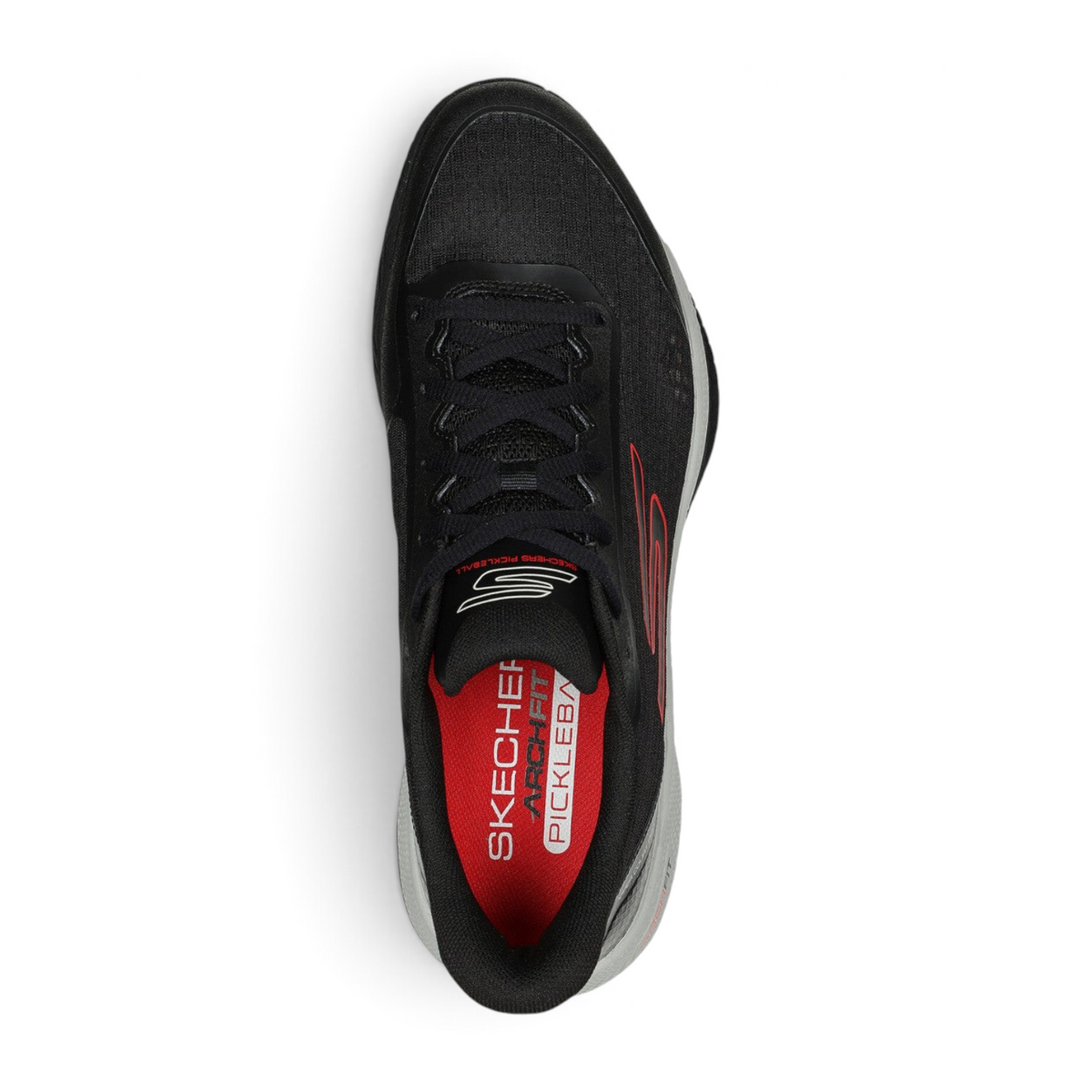 FRG Skechers Viper Court Pro pickleball shoe in black and red with breathable mesh and Goodyear Gold outsole