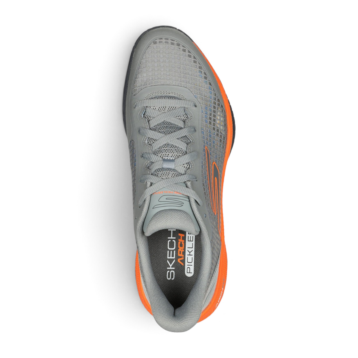 FRG Skechers Viper Court Pro pickleball shoe in gray and orange with a breathable mesh upper and durable outsole