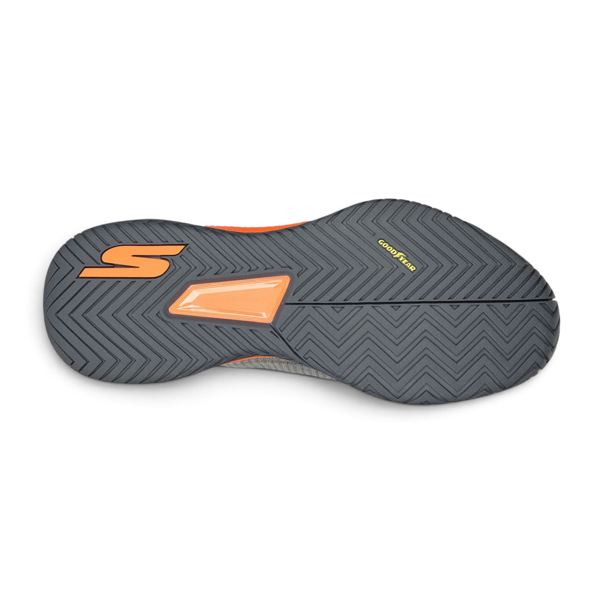 FRG Skechers Viper Court Pro pickleball shoe outsole in gray and orange with Goodyear rubber grip pattern