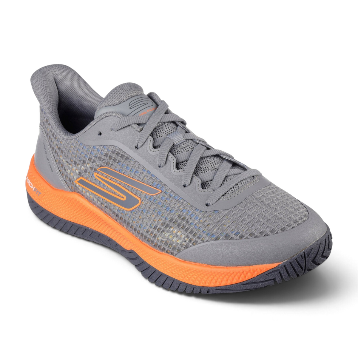 FRG Skechers Viper Court Pro pickleball shoe in gray and orange with a breathable mesh upper and durable outsole.