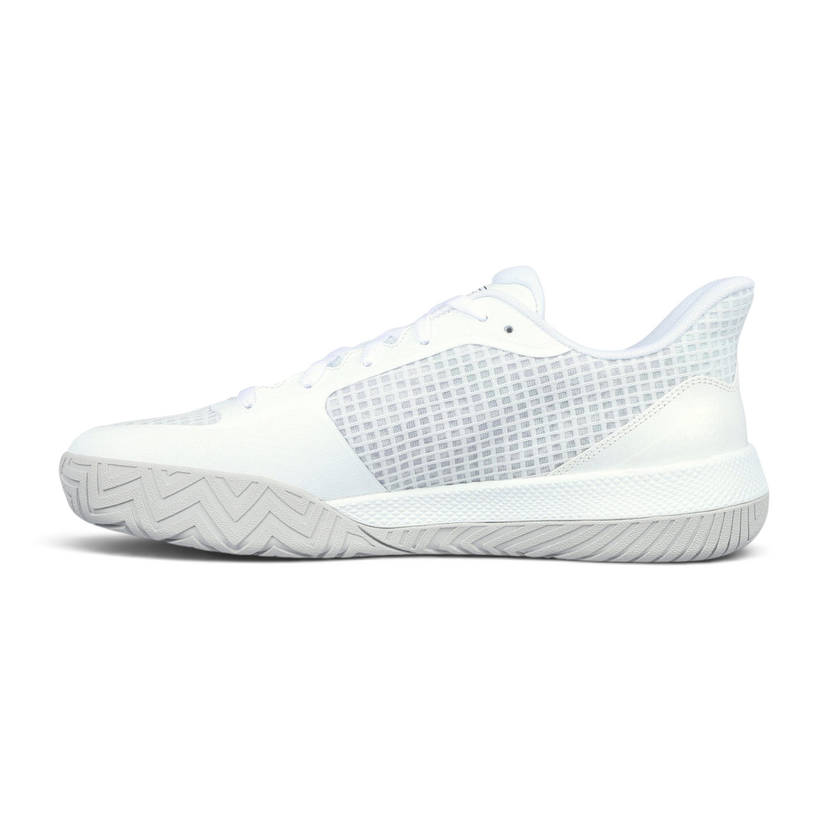 FRG Skechers Viper Court Pro pickleball shoe in white with mesh upper and Goodyear Gold outsole, side view