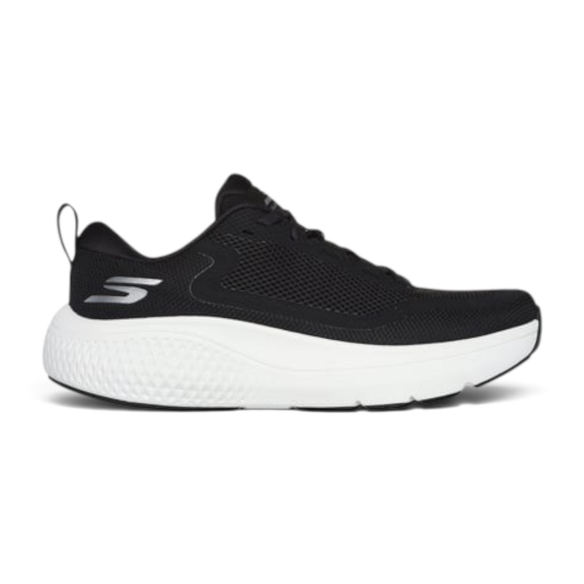 FRG GO RUN SUPERSONIC MAX running shoe in black mesh with a thick white cushioned midsole and side logo detail