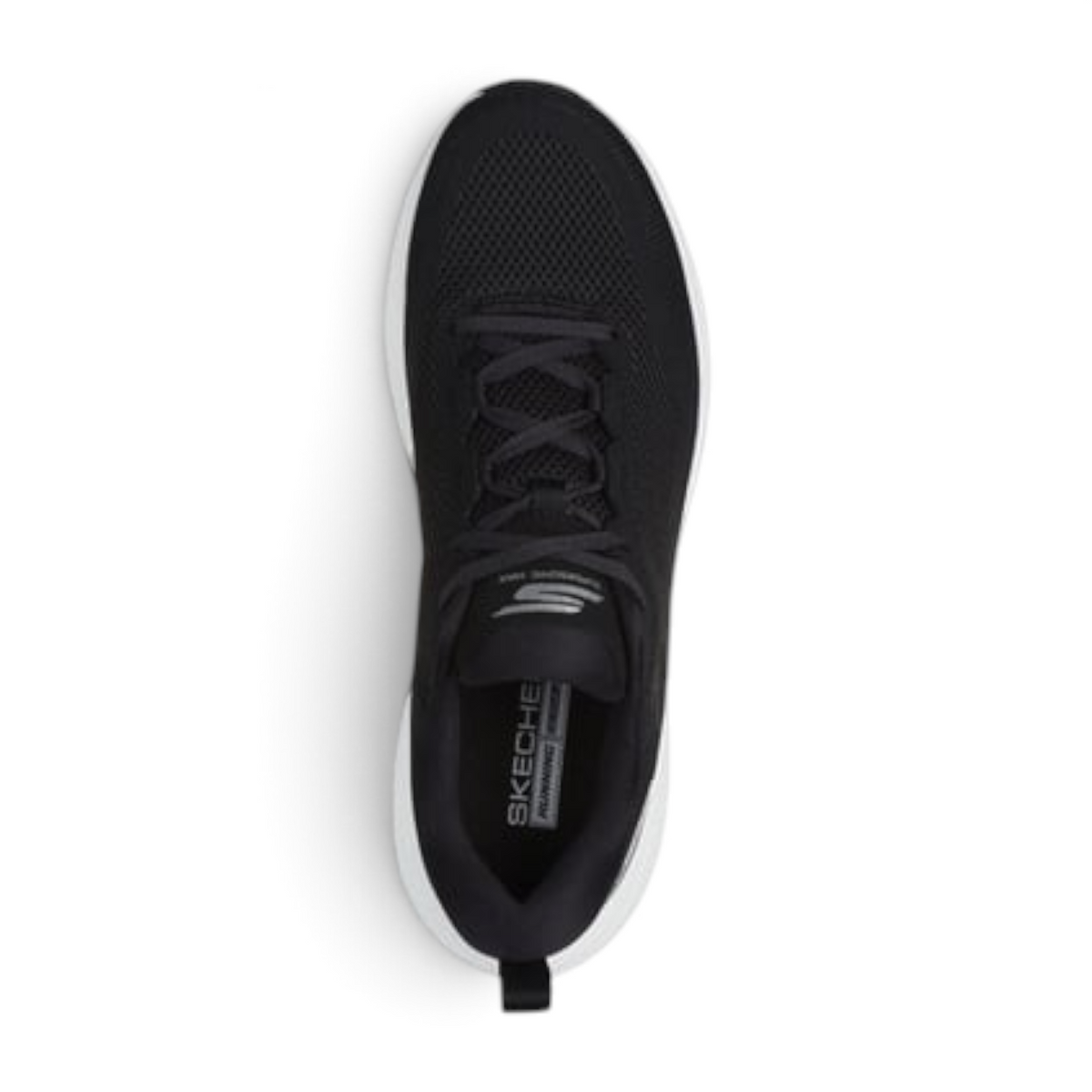 Top view of FRG GO RUN SUPERSONIC MAX black running shoe with breathable mesh upper and white cushioned sole