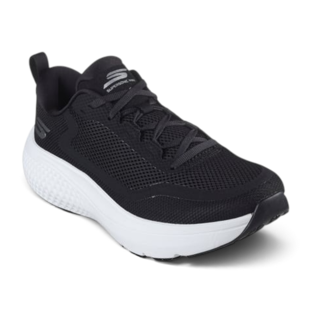 FRG GO RUN SUPERSONIC MAX running shoe in black mesh with a thick white cushioned midsole and lace-up closure