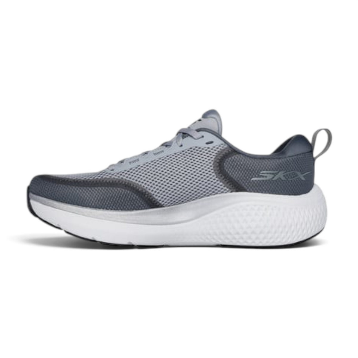 FRG GO RUN SUPERSONIC MAX grey mesh running shoe with white cushioned midsole and SKX logo detail