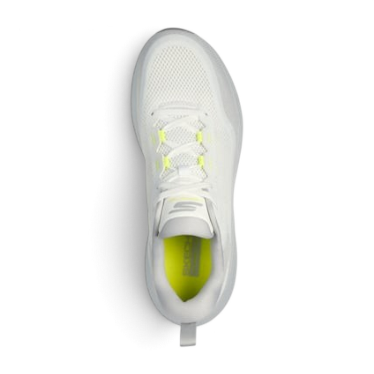 Top view of FRG GO RUN SUPERSONIC MAX white mesh running shoes with neon yellow accents and cushioned soles