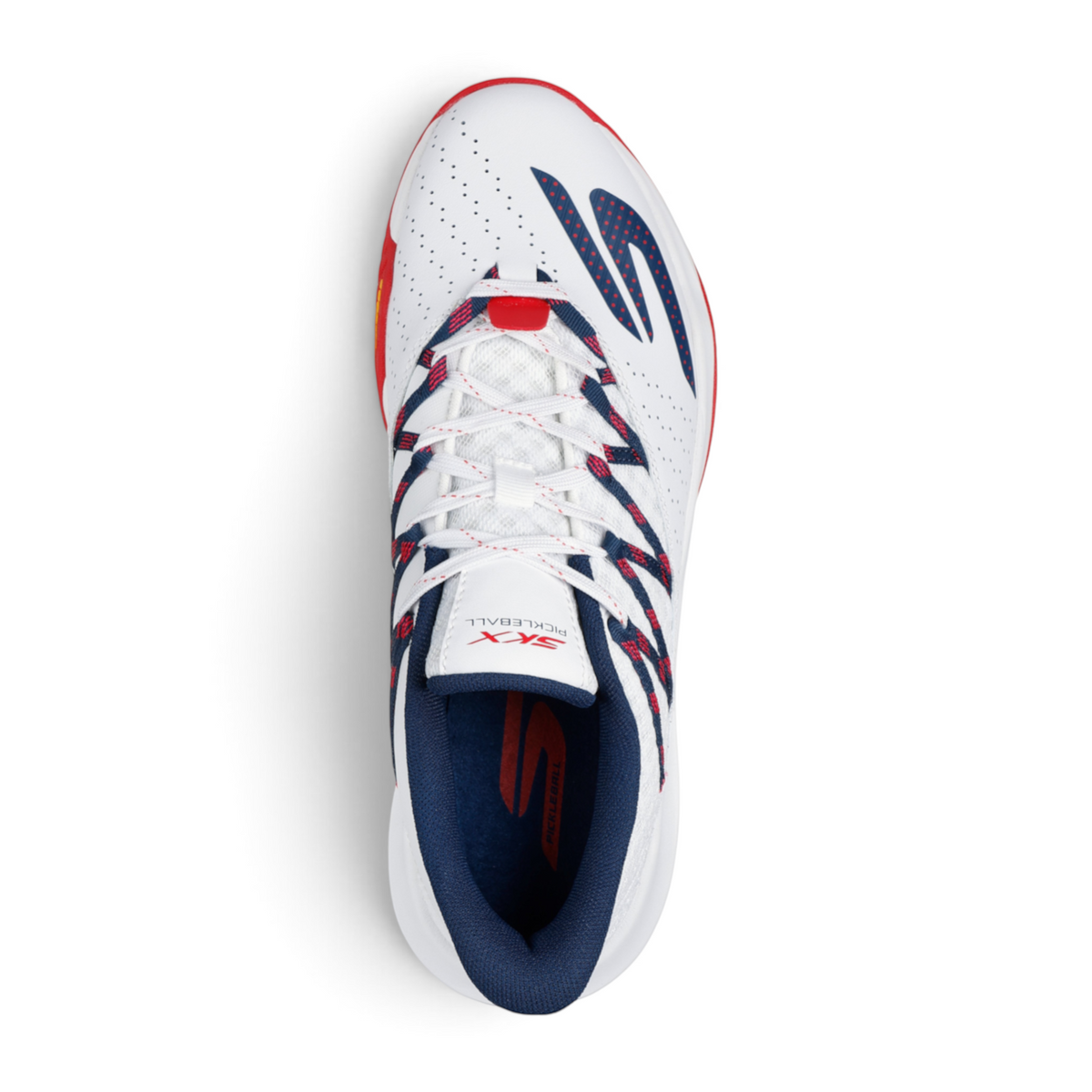 FRG Skechers Viper Court Rally pickleball shoe in white with red and blue accents, featuring a lace-up mesh upper.
