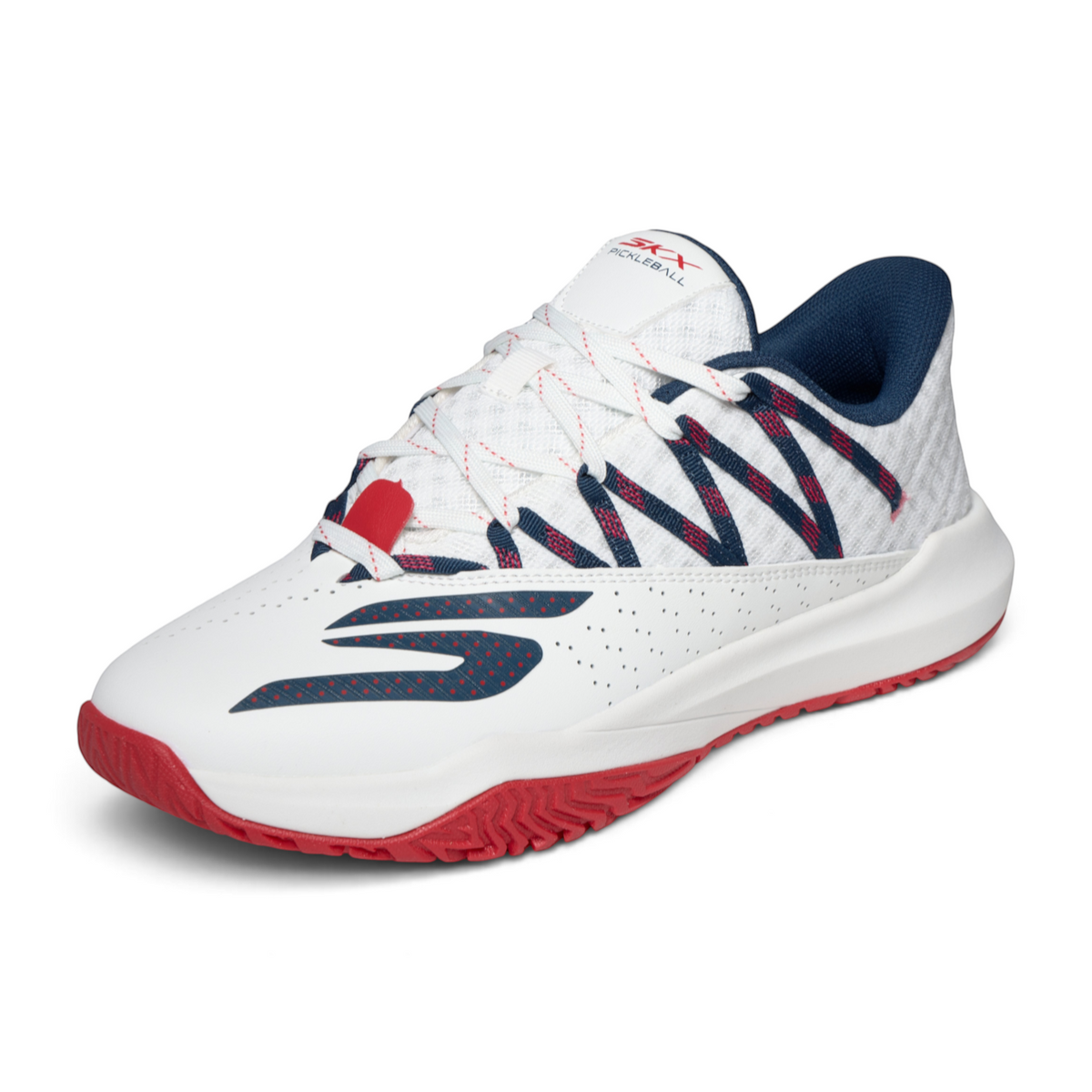 FRG Skechers Viper Court Rally performance pickleball shoe in white with red and navy blue accents and mesh upper