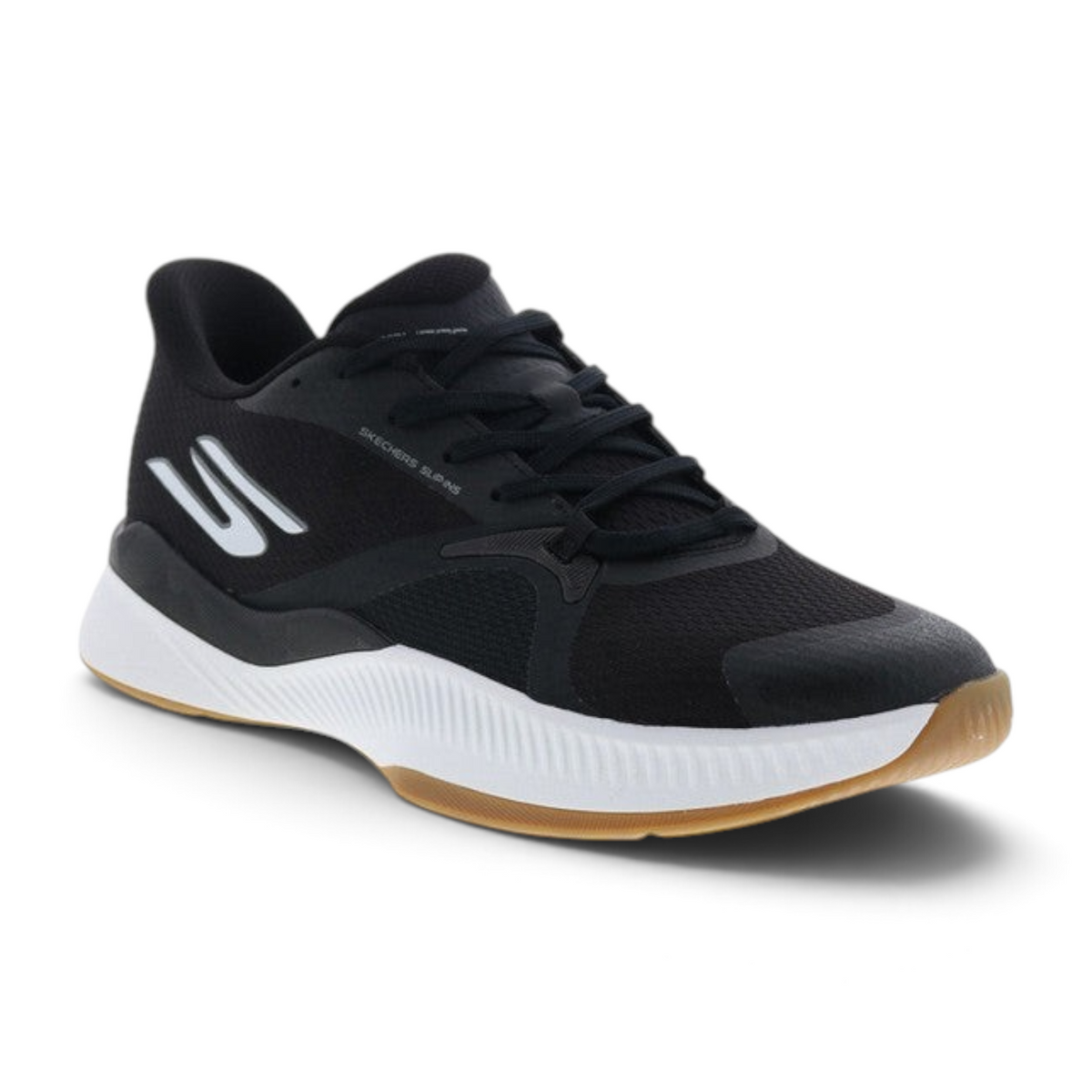 FRG Skechers State Champ black and white tennis slip-on shoe with a lightweight mesh upper and gum rubber outsole.