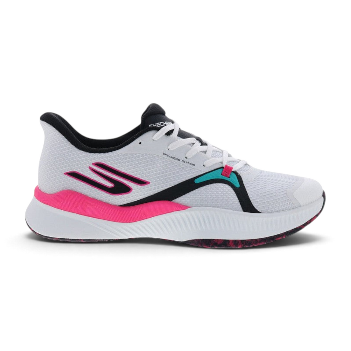 FRG Skechers State Champ white multi slip-on tennis shoe with pink and teal accents and lightweight mesh upper