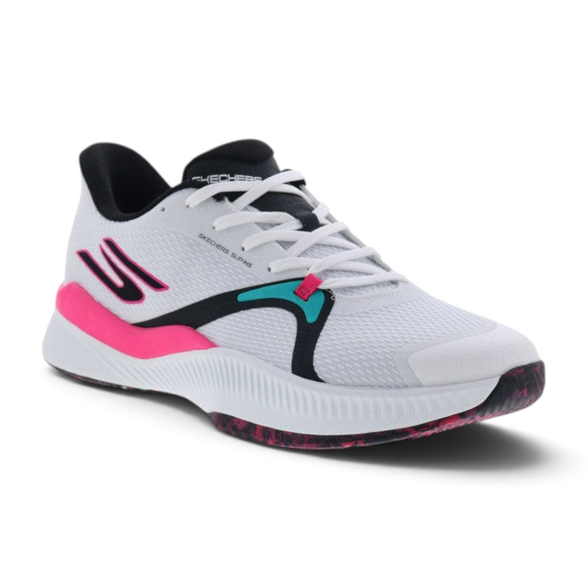 FRG Skechers State Champ white multi tennis shoe with pink and teal accents and a lightweight mesh upper
