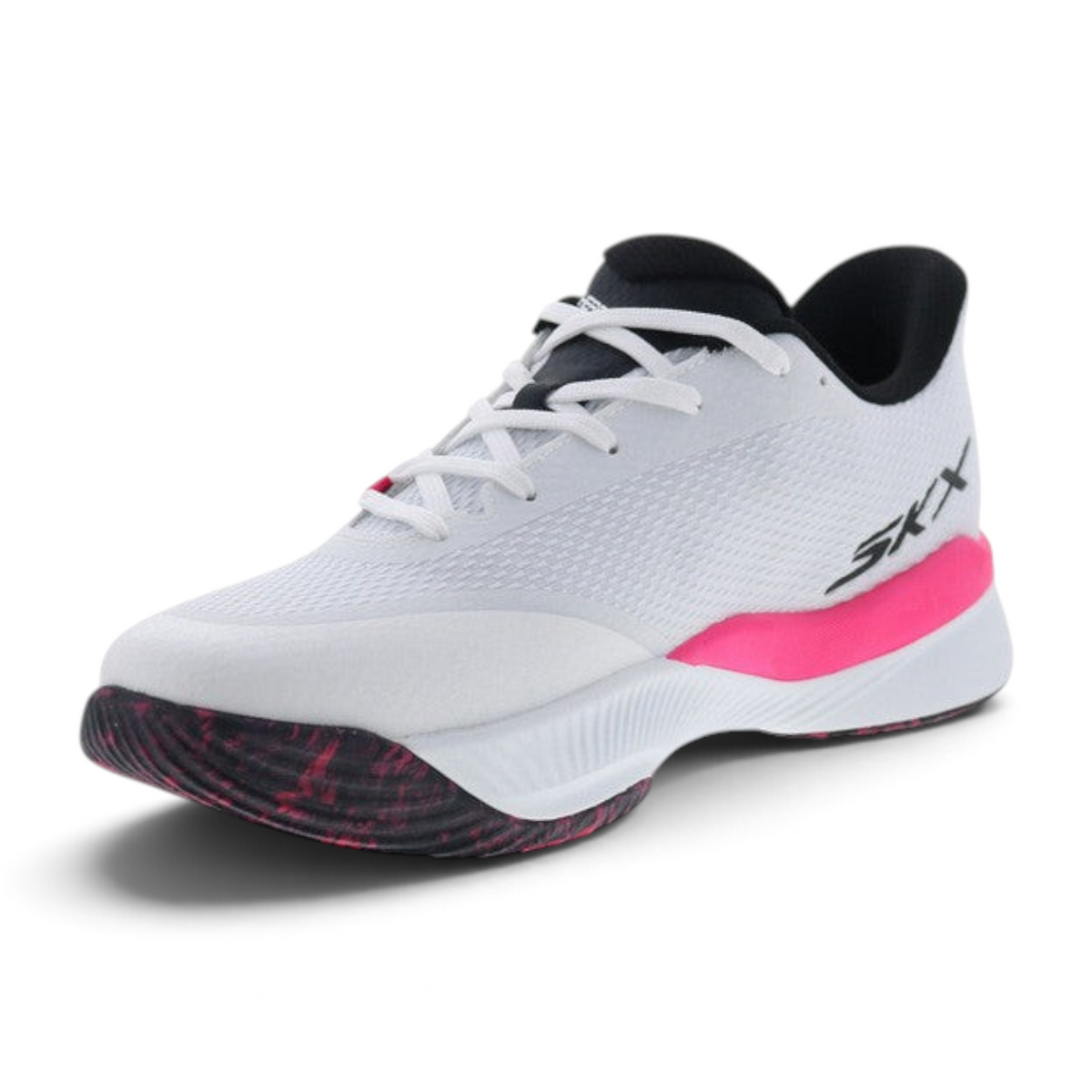 FRG Skechers State Champ white tennis shoe with pink midsole accents and black patterned outsole