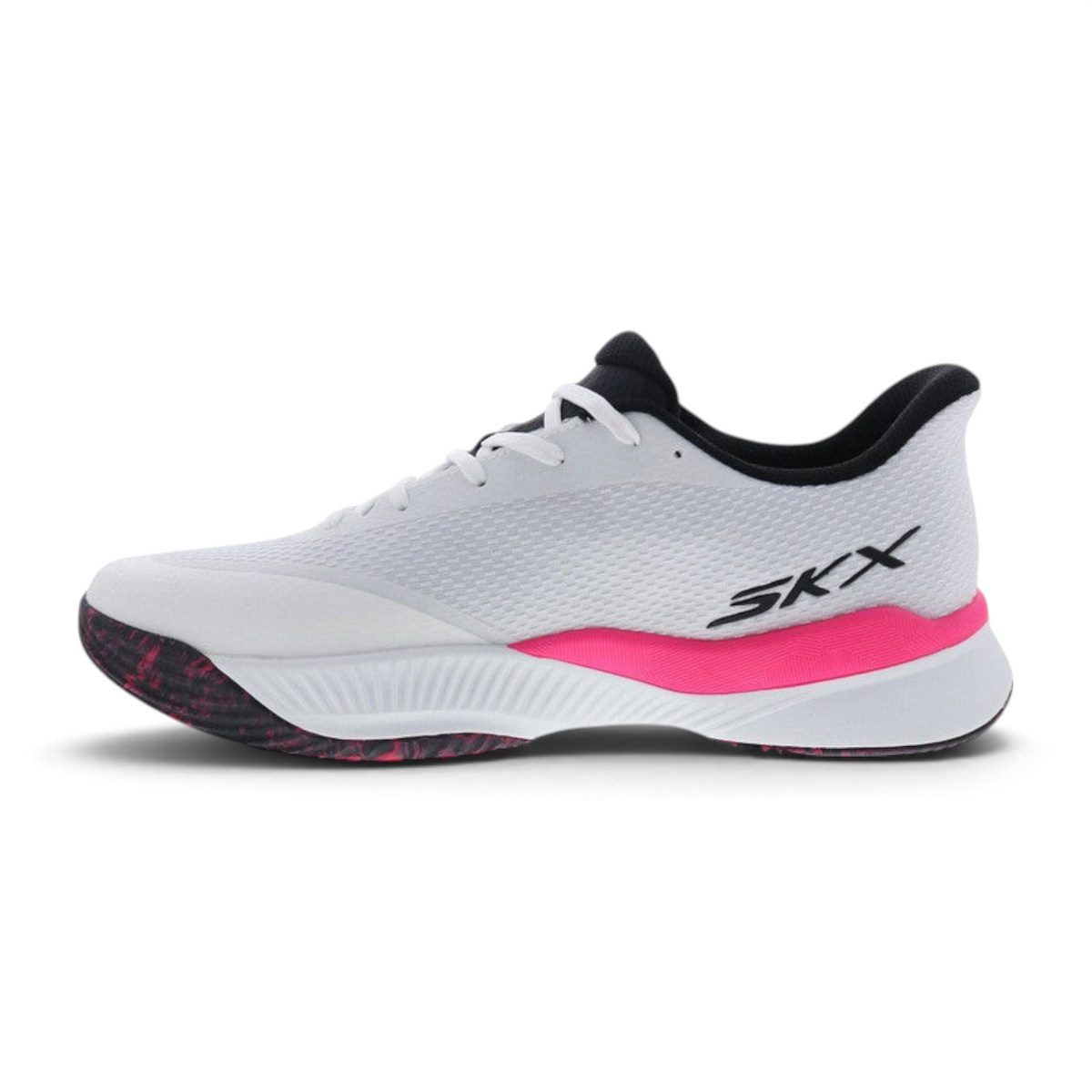 FRG Skechers State Champ white tennis shoe with pink midsole accent and black SKX logo on a lightweight mesh upper