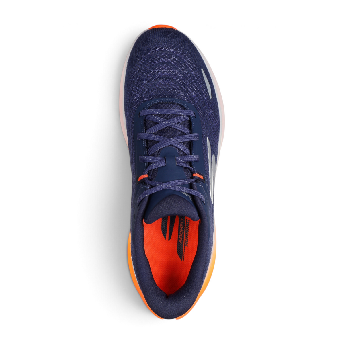 FRG Skechers Aero Spark navy blue running shoe with orange interior and breathable mesh upper, top-down view.