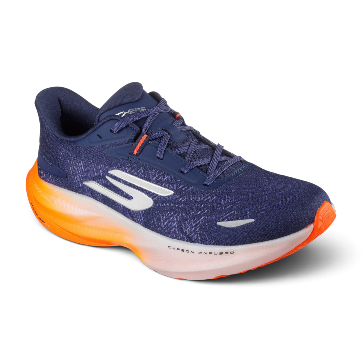 FRG Skechers Aero Spark performance running shoe in navy blue mesh with bright orange Hyper Burst Ice cushioning.