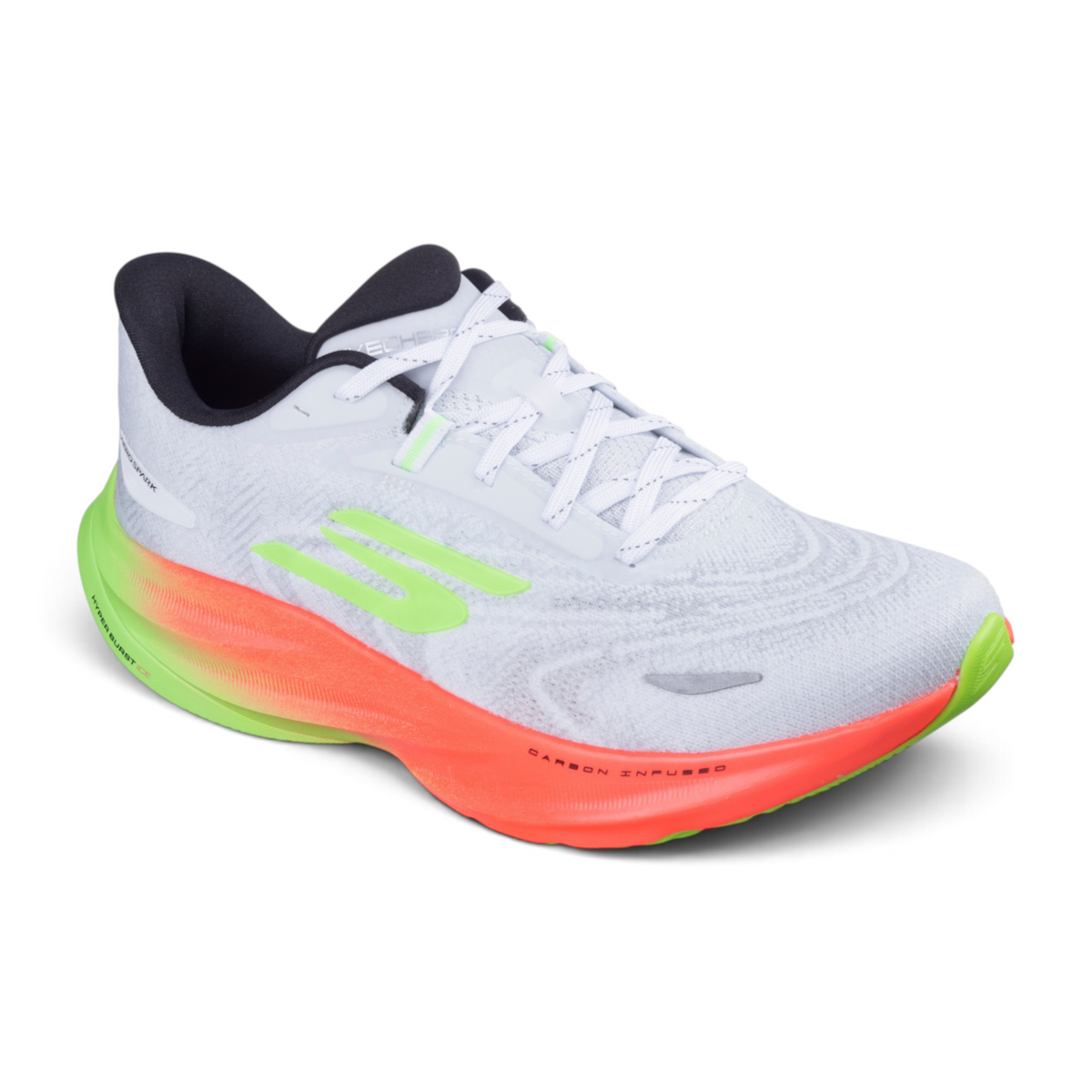 FRG Skechers Aero Spark running shoe in white mesh with neon green and orange Hyper Burst Ice cushioning sole.