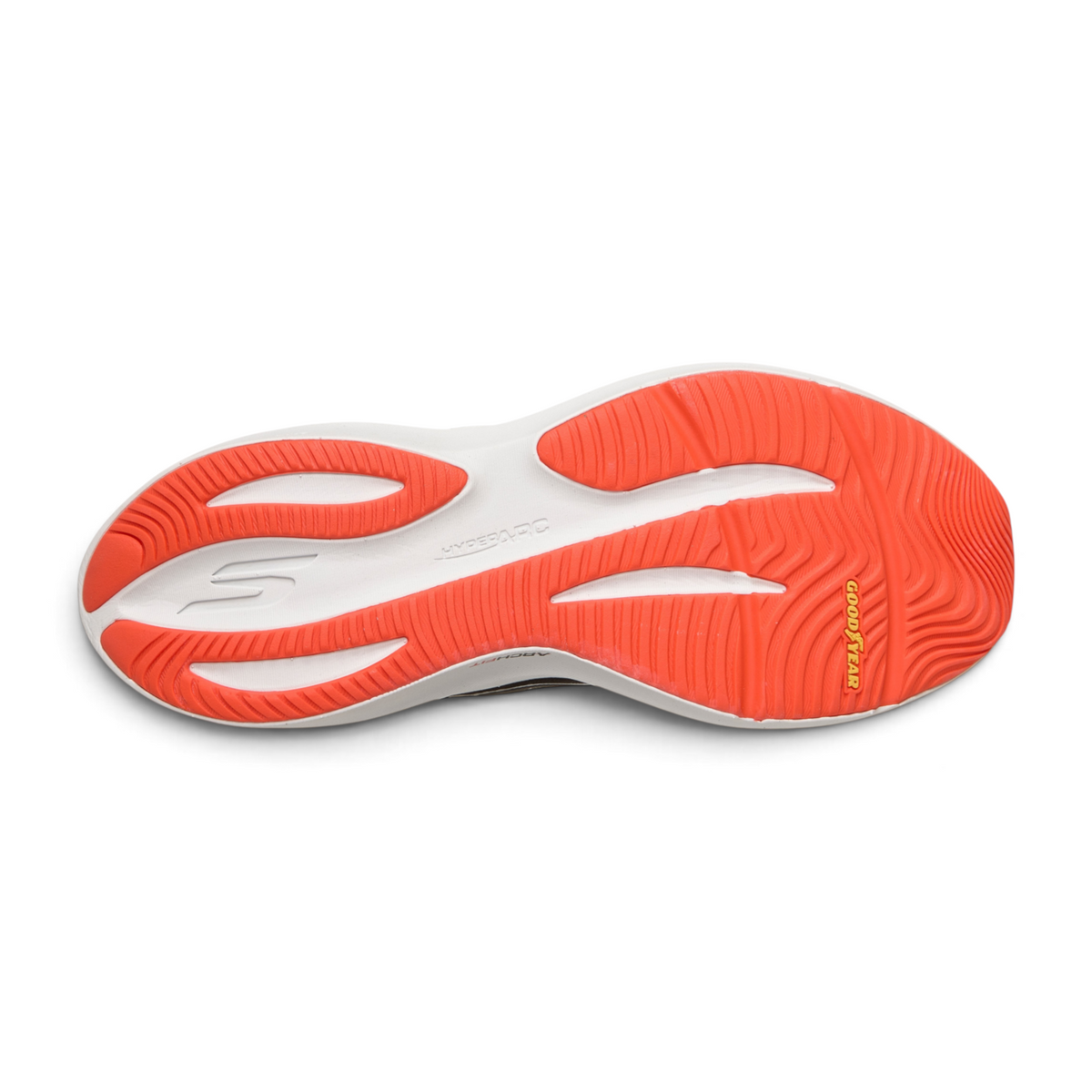 FRG Skechers GO RUN PURE 5 performance running shoe outsole with orange Goodyear rubber and white cushioning
