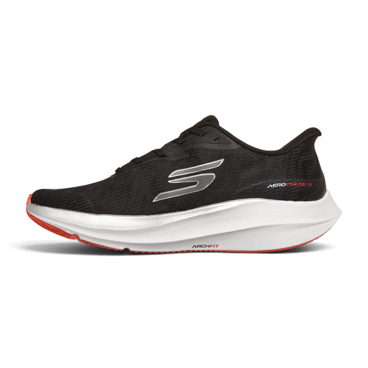 FRG Skechers Aero Pulse black performance running shoe with white midsole, red outsole, and breathable mesh upper