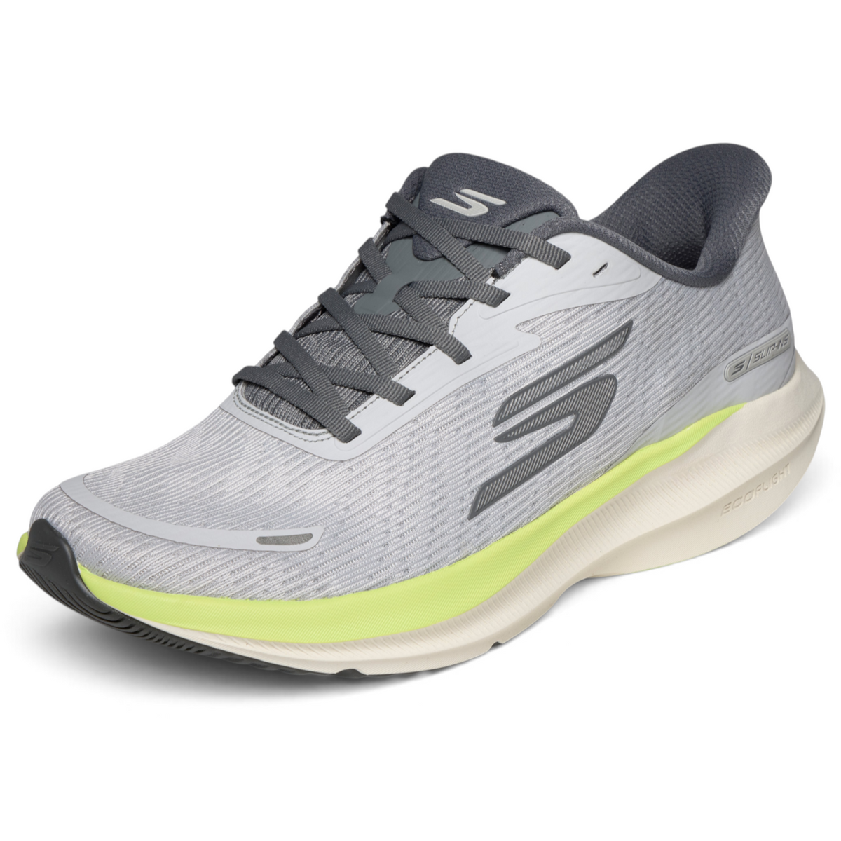FRG Skechers Go Run Pure 5 grey performance running shoe with breathable mesh upper and neon yellow midsole detail.