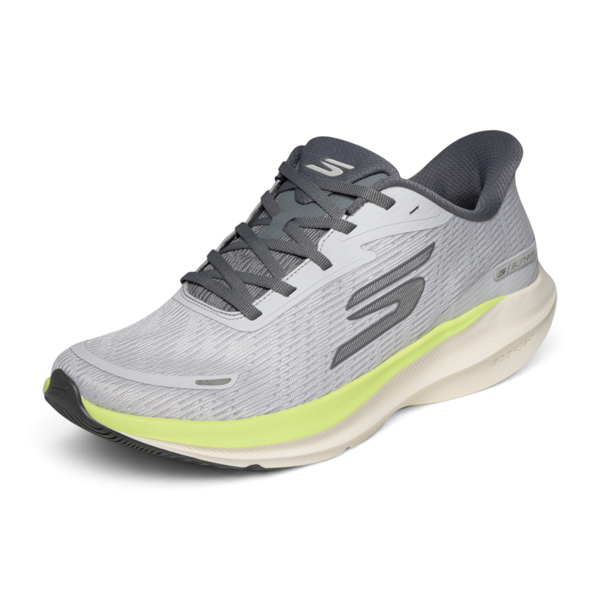 FRG Skechers Go Run Pure 5 grey performance running shoe with breathable mesh upper and neon yellow midsole detail.