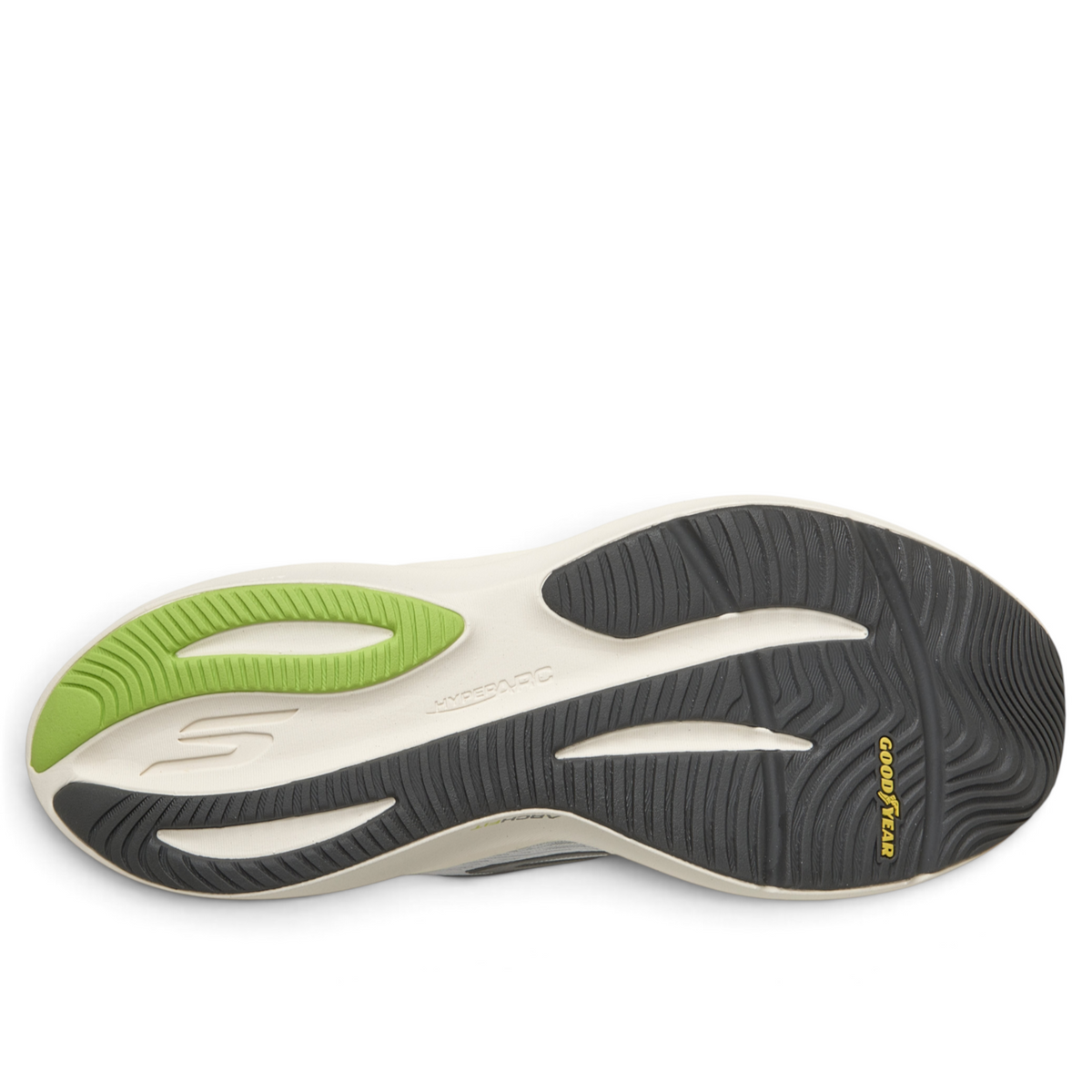 FRG Skechers Go Run Pure 5 running shoe outsole featuring a durable Goodyear rubber tread and green accent detail.
