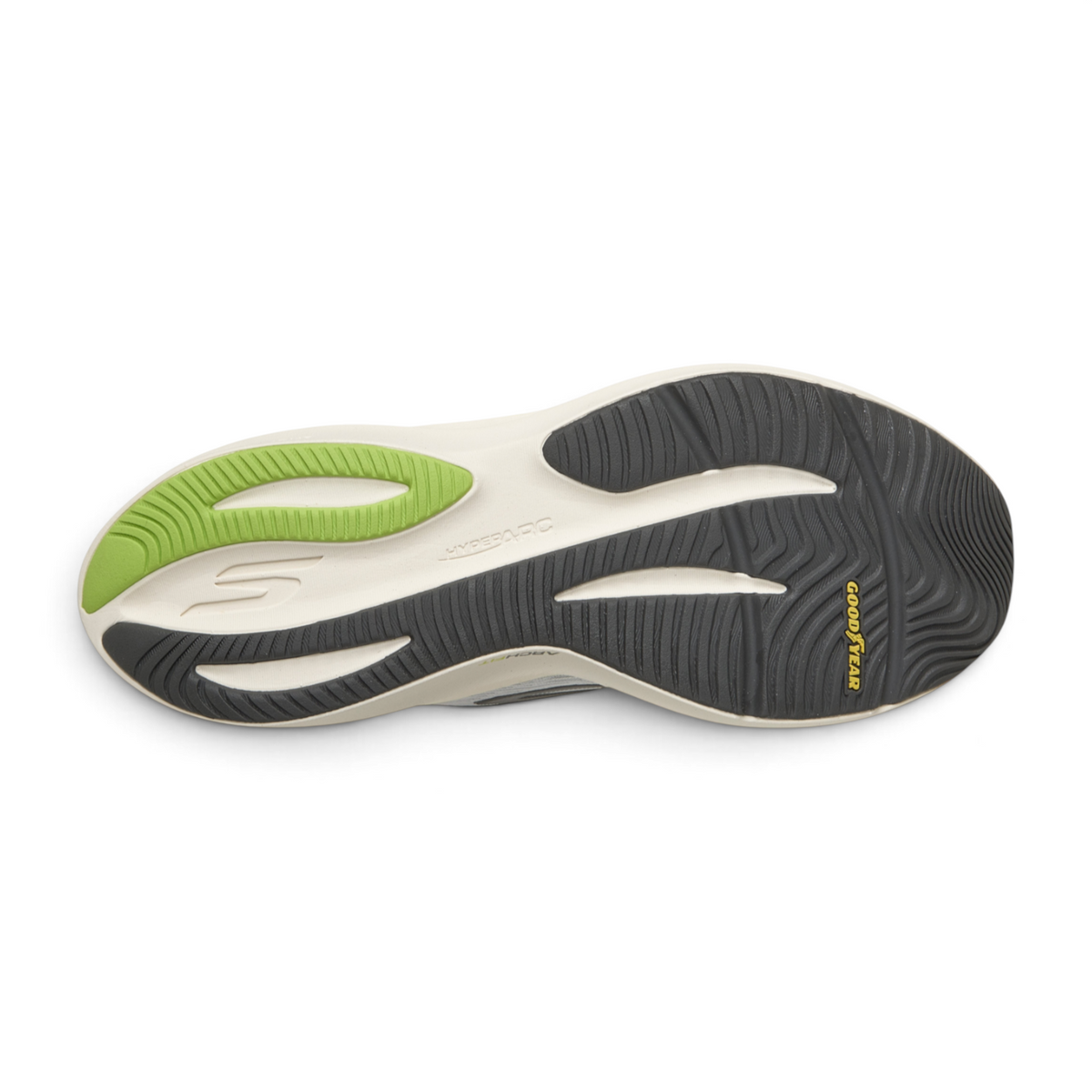 FRG Skechers Go Run Pure 5 running shoe outsole featuring a durable Goodyear rubber tread and green accent detail.