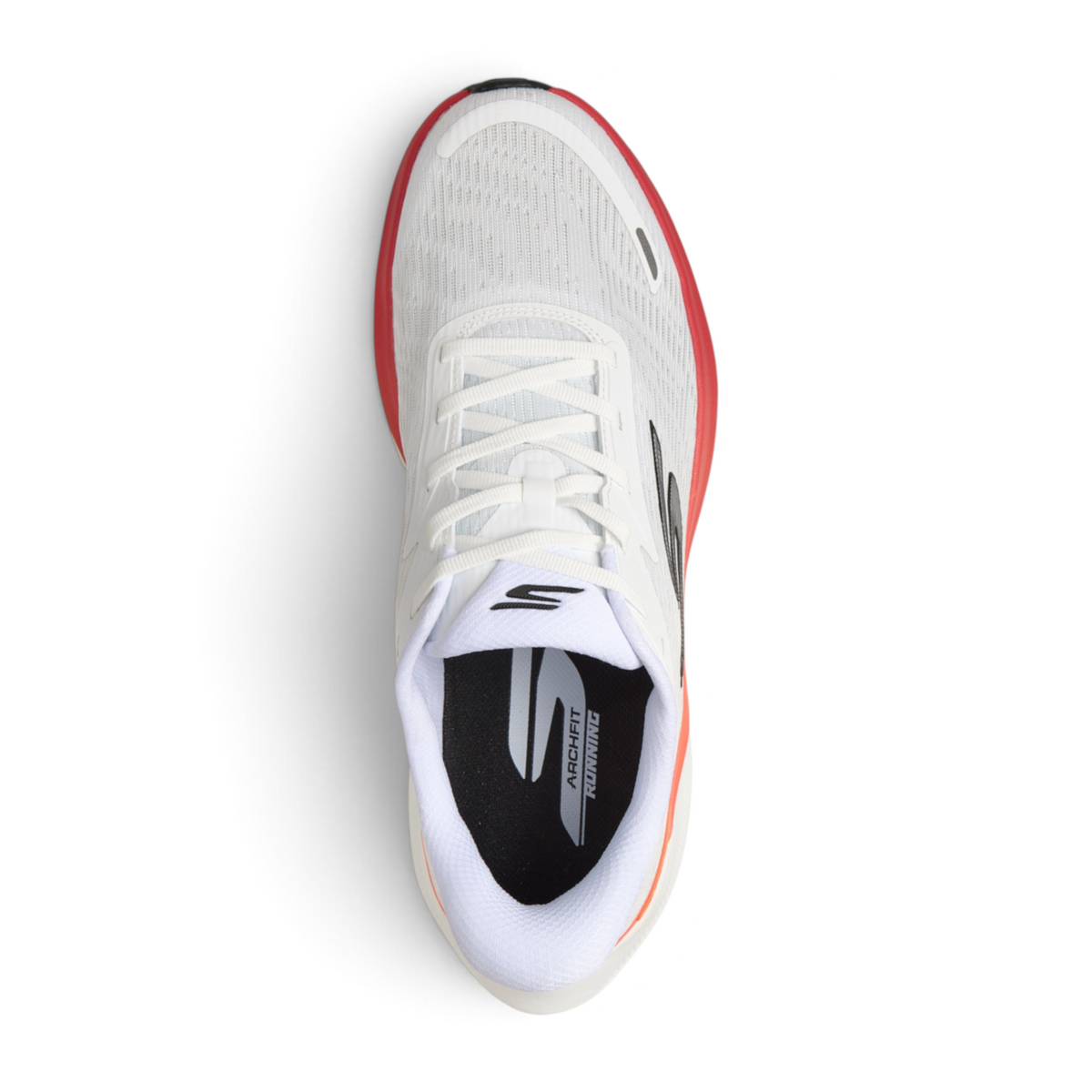 FRG Skechers Go Run Pure 5 performance running shoe in white with red midsole and breathable mesh upper, top view