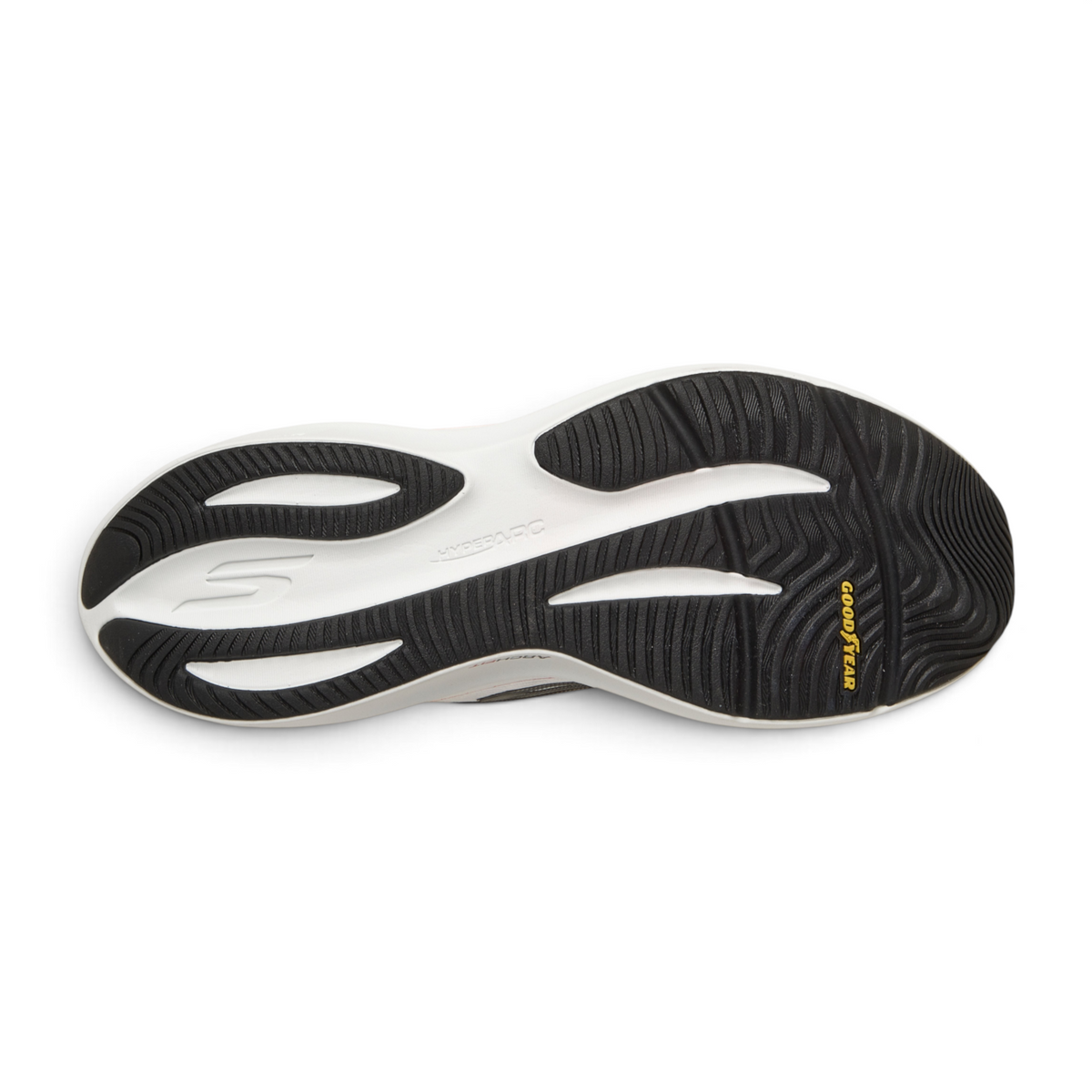 FRG GO RUN PURE 5 running shoe outsole featuring black Goodyear rubber tread and white Hyper Arc rocker technology