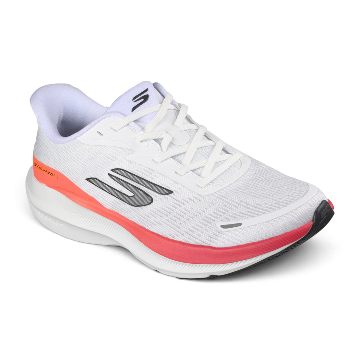 FRG Skechers Go Run Pure 5 white performance running shoe with orange accents, mesh upper, and cushioned sole.