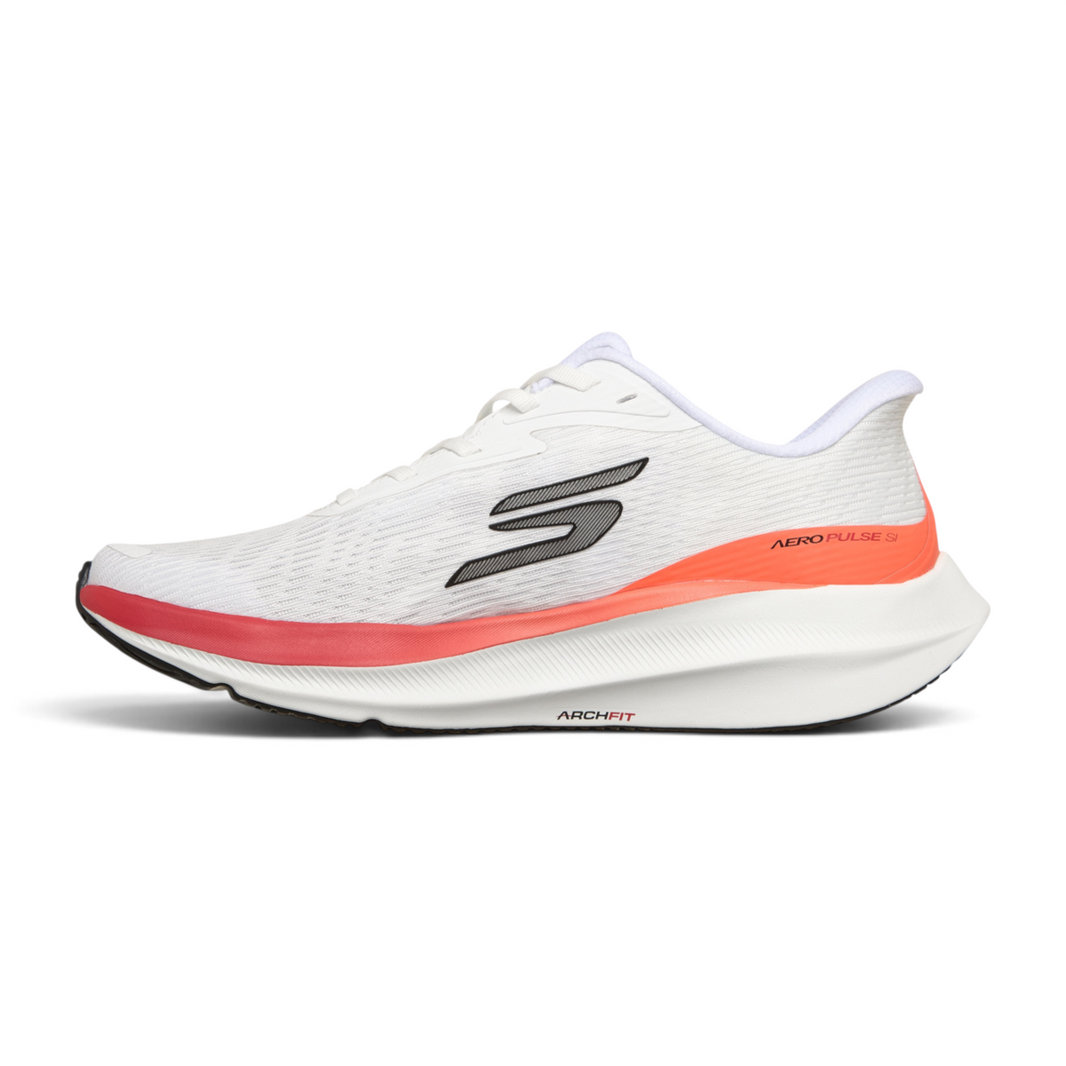 FRG Skechers Aero Pulse white performance running shoe with orange accent, mesh upper, and Arch Fit cushioning.