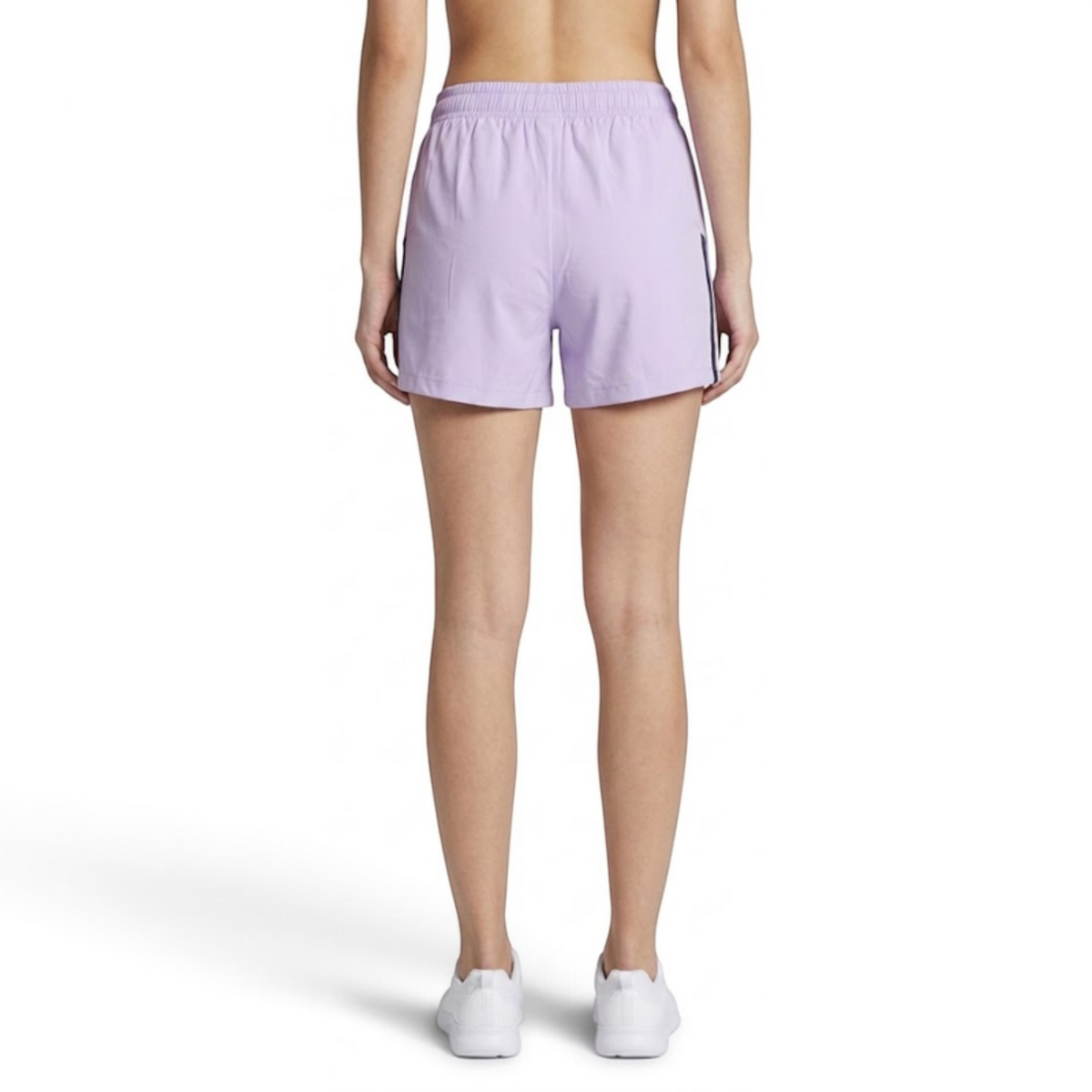 FRG ANTA big kids woven shorts in light purple with an elastic waistband, back view on a model