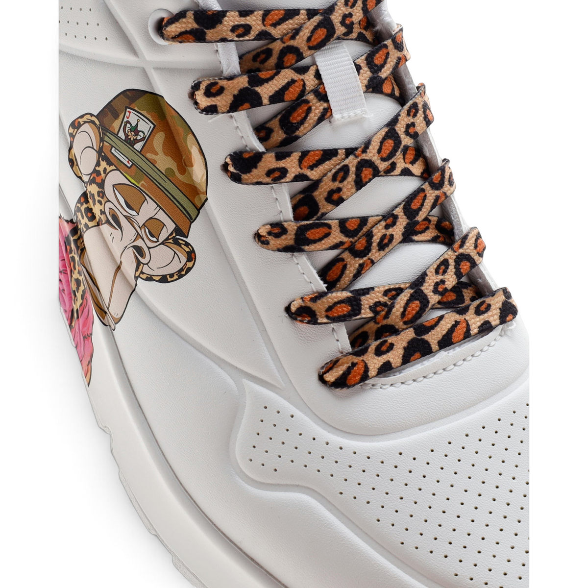 FRG UNO - DR. BOMBAY white sneaker featuring a monkey graphic and leopard print laces on a perforated leather upper
