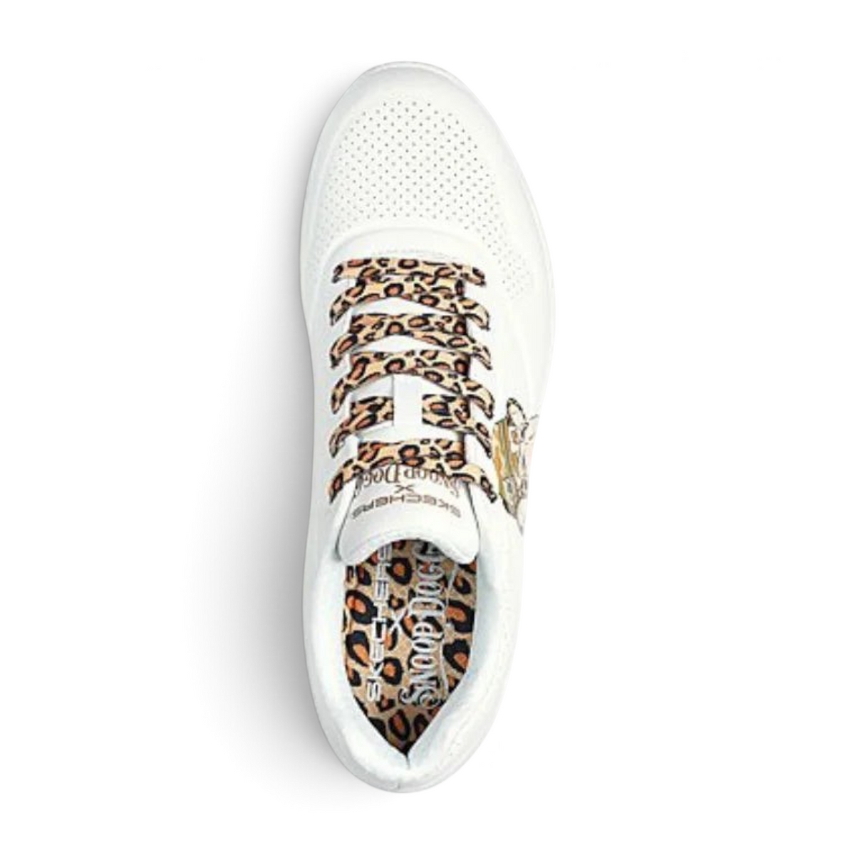 FRG UNO - DR. BOMBAY white sneaker with leopard print laces and interior lining, top-down view