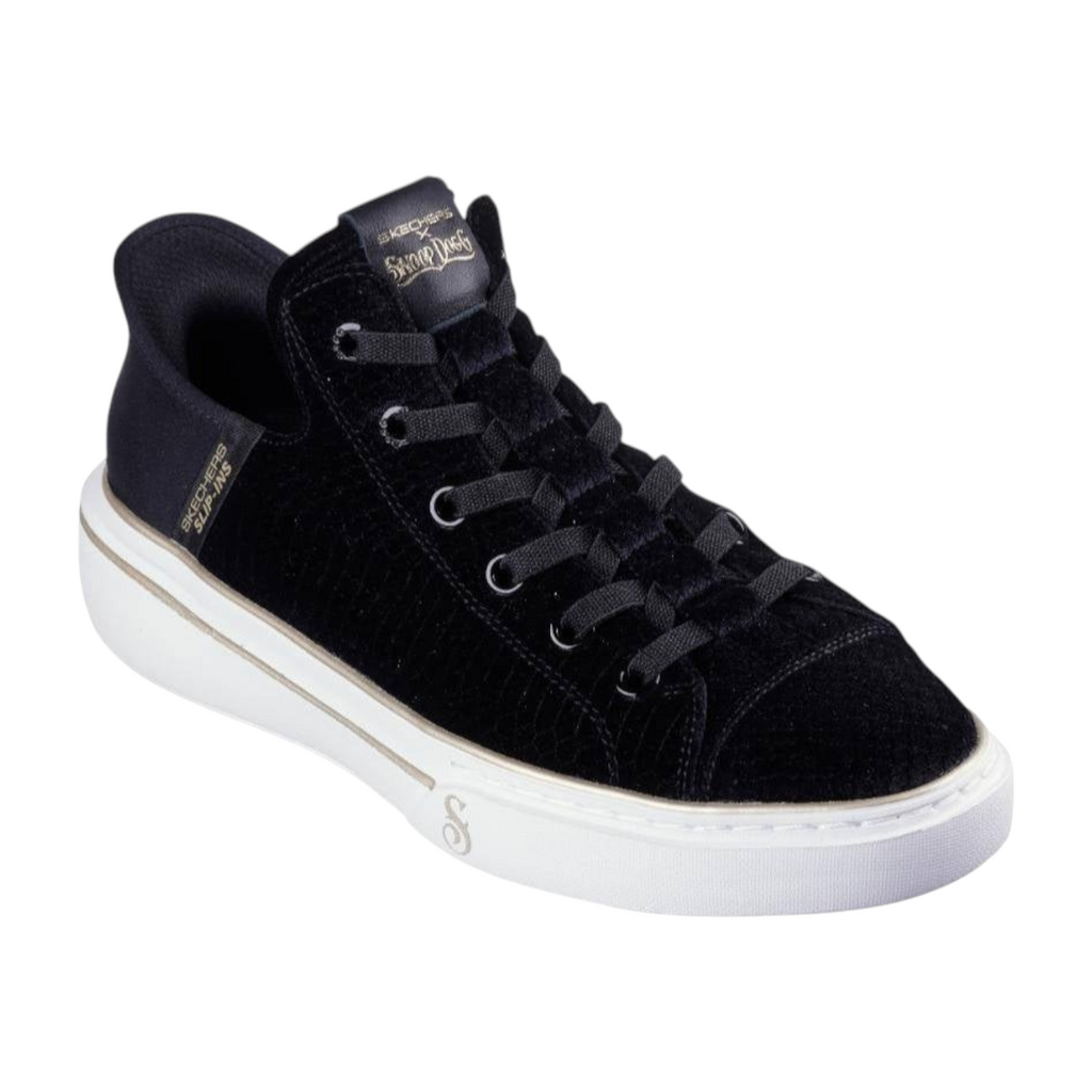 FRG Skechers x Snoop Dogg Slip-ins Boss Life black velvet sneakers with white platform sole and gold branding