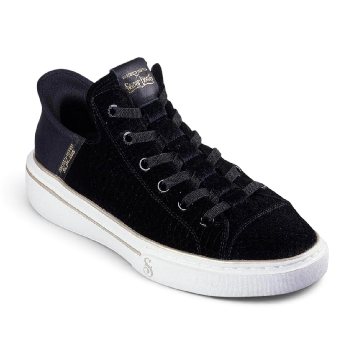 FRG SLIP-INS: SNOOP ONE - BOSS LIFE VELVET black velvet sneakers with white platform soles and lace-up design