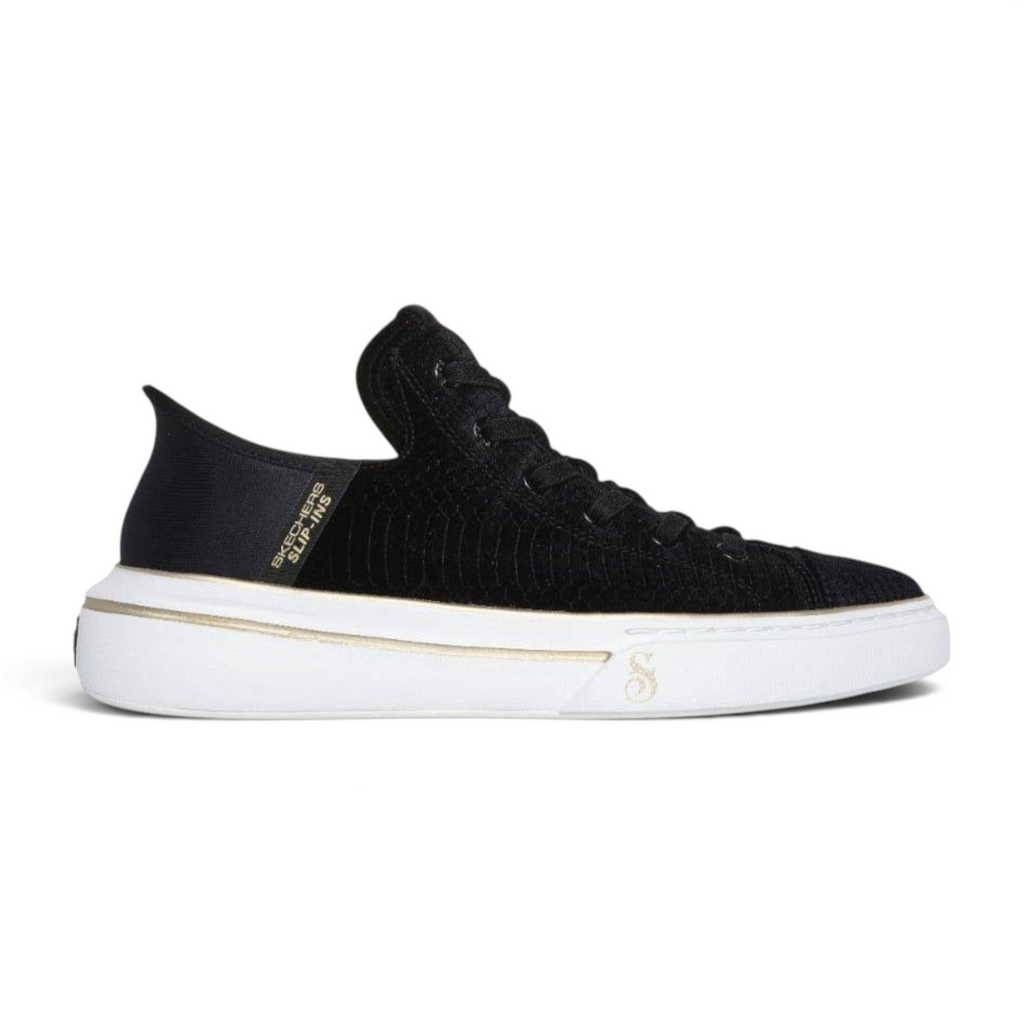 FRG Skechers Slip-ins Snoop One Boss Life velvet black sneaker with white platform sole and gold detailing
