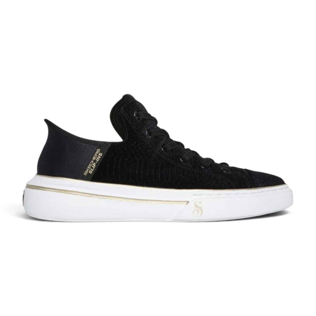 FRG Skechers Slip-ins Snoop One Boss Life velvet black sneaker with white platform sole and gold detailing