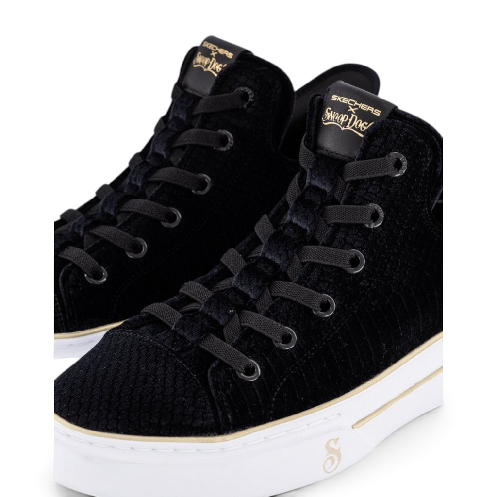 FRG Skechers x Snoop Dogg Boss Life velvet high-top sneakers in black with gold branding and white platform sole