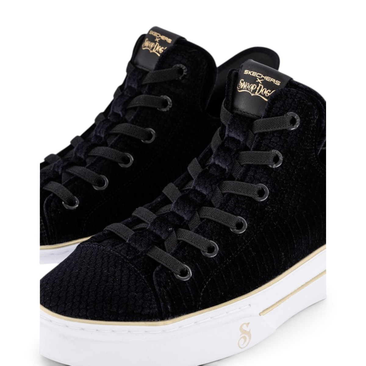 FRG Skechers x Snoop Dogg Boss Life velvet high-top sneakers in black with gold branding and white platform sole