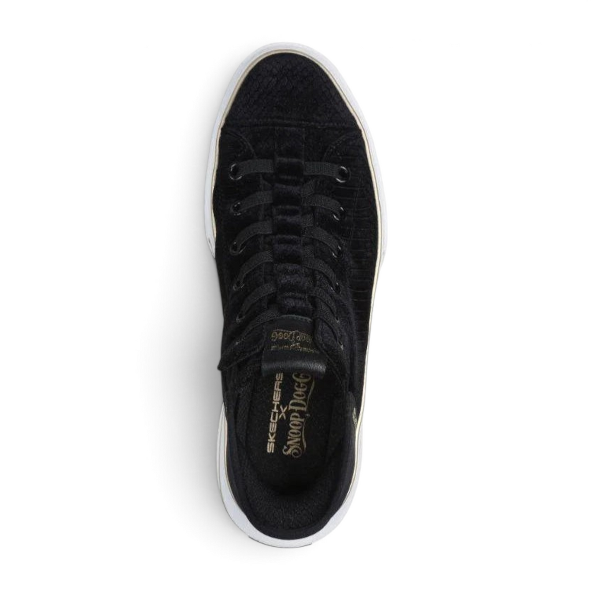 FRG Skechers Snoop One Boss Life black velvet slip-in sneakers with white rubber soles, top-down view.